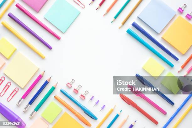 Ideas Creativity Concepts With Flat Lay Of Colorful Stationery On Wite Space Backgroundback To Schoolmodern Mock Up Of Business Stock Photo - Download Image Now