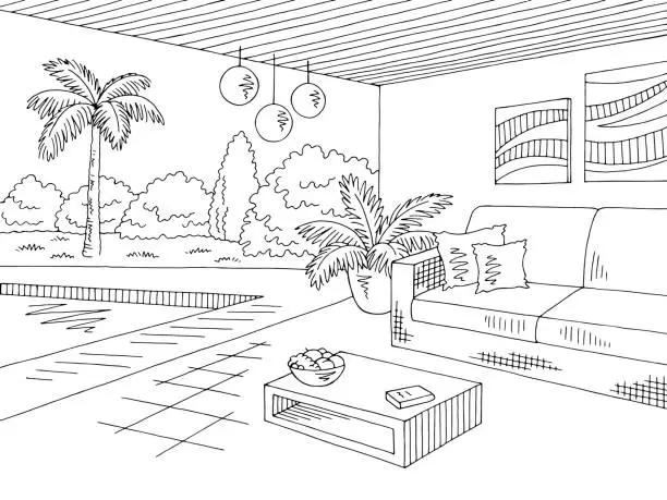 Vector illustration of Vacation home lounge graphic black white landscape sketch illustration vector