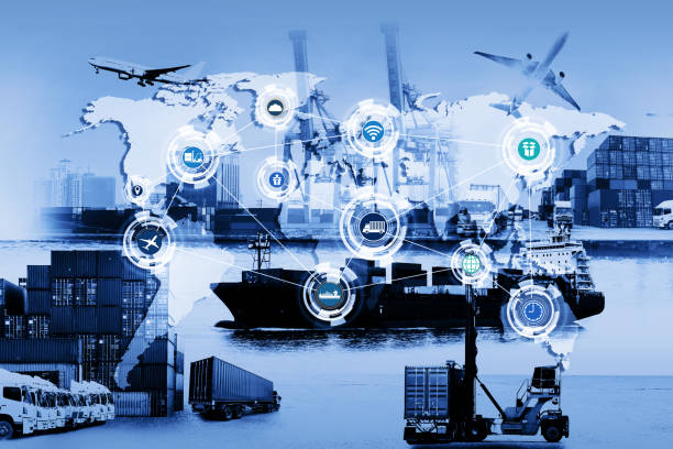 istock World map with logistic network distribution on background. Logistic and transport concept in front Logistics Industrial Container Cargo freight ship for Concept of fast or instant shipping, Online goods orders worldwide 1133948133