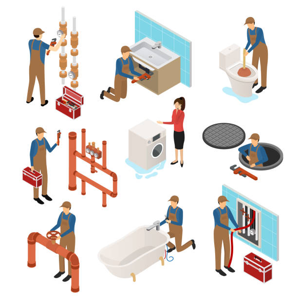 ilustrações de stock, clip art, desenhos animados e ícones de character plumber in uniform 3d icon set isometric view. vector - mechanic plumber repairman manual worker