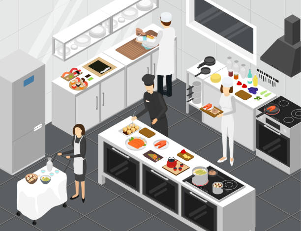 restaurant cooking room interior mit möbeln isometrische ansicht. vektor - commercial kitchen illustrations stock-grafiken, -clipart, -cartoons und -symbole