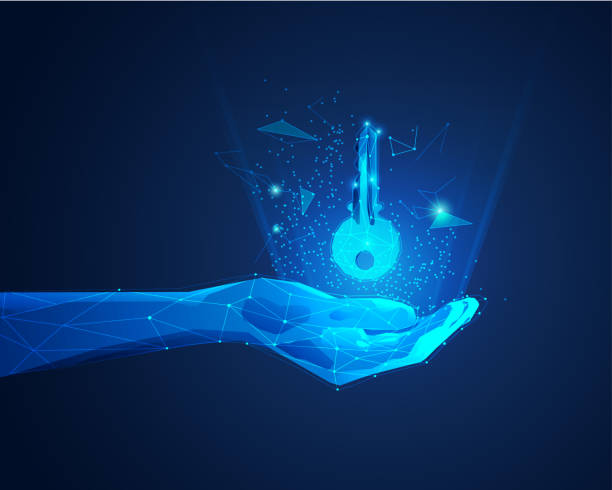 magic hand concept of private key in digital technology world, polygon hand holding futuristic key unlocking stock illustrations