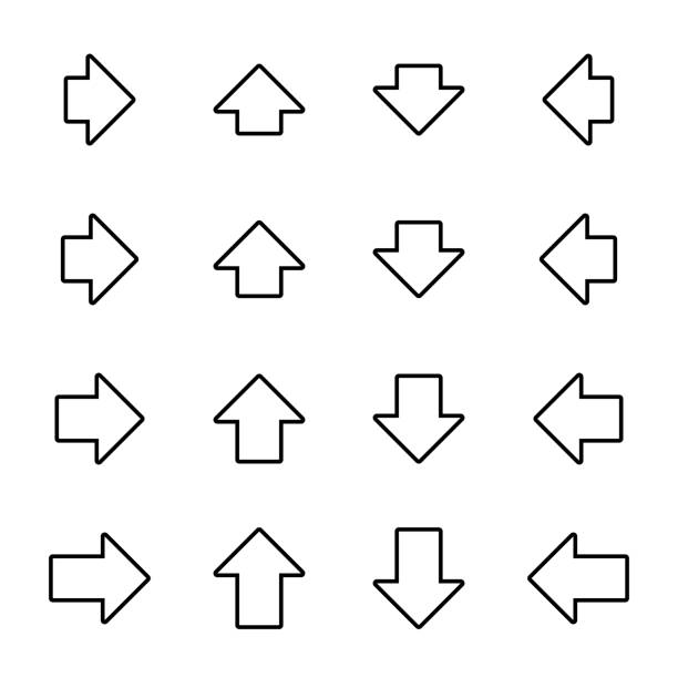 pfeilsymbole für web, print, infografik, etc. weiße füllung, schwarzer rand, abgerundete ecken, breit, kurz. schlaganfall kann gewechselt werden. - breit stock-grafiken, -clipart, -cartoons und -symbole