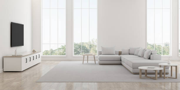 blick auf weißes wohnzimmer im minimalen stil mit möbeln auf hellem laminatboden. innenarchitektur mit fernseher und sofa auf baumhintergrund. 3d rendering. - whitebackgound stock-fotos und bilder