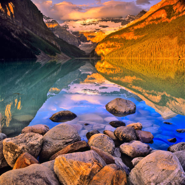 Banff National Park in Alberta Canada Lake Louise and the Victoria Glacier in Banff National Park in the Canadian Rockies banff national park photos stock pictures, royalty-free photos & images