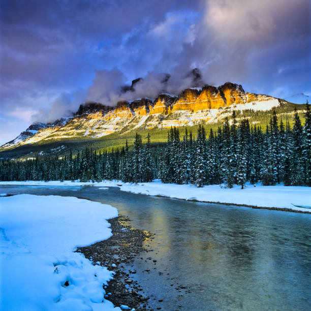 Bow River and Castle Mountain in Banff National Park in the Canadian Rockies