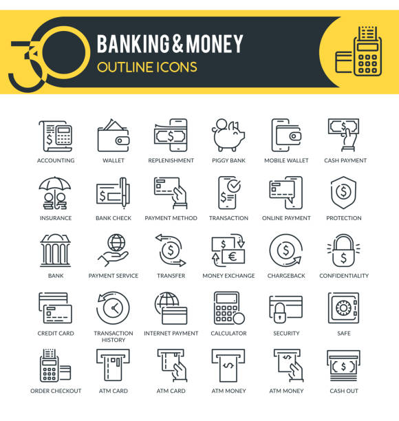 banken und geldkonvertionen icons - elektronisches banking stock-grafiken, -clipart, -cartoons und -symbole