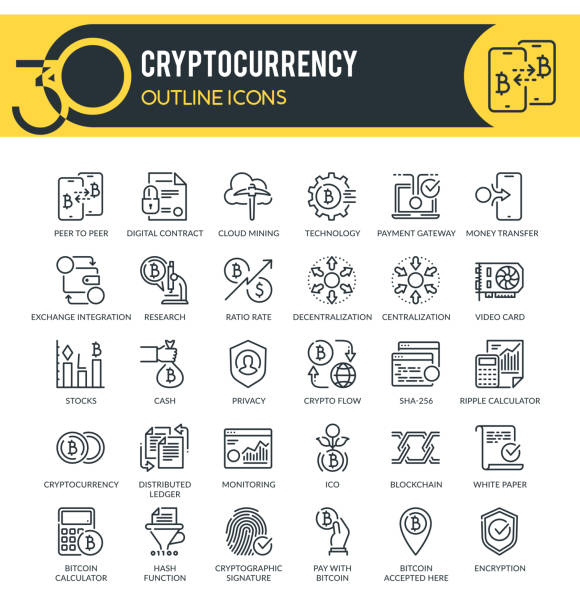 Cryptocurrency Outline Icons Set of outline icons on following themes – cryptocurrency, blockchain, cloud mining, finance technology and other. Each icon neatly designed on pixel perfect 32X32 size grid. Perfect for use in: website, presentation, promotional materials, illustrations, infographics and much more. blockchain icons stock illustrations