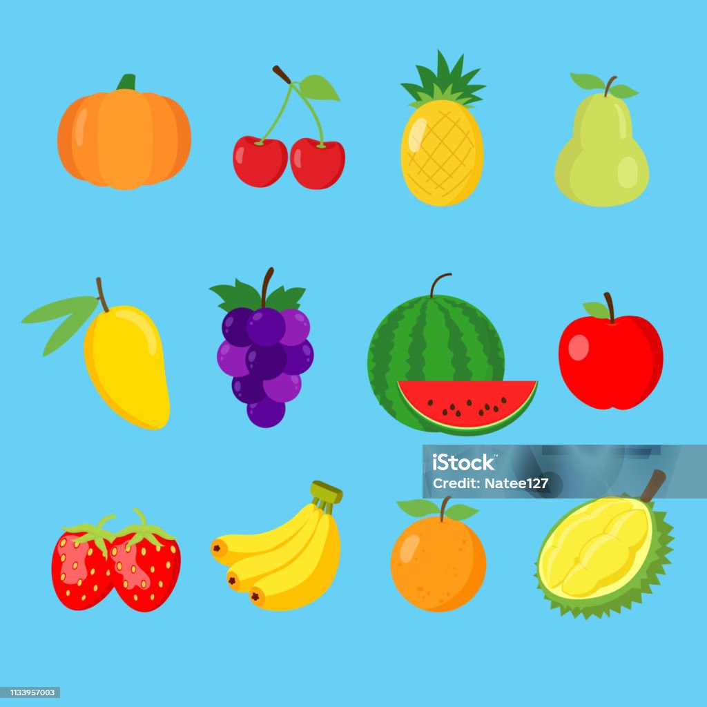 Sada roztomilých 12 barevných plochých plodů kolekce ikon izolovaná na modrém pozadí - Bez autorských poplatků Ananas vektorové obrázky Sada roztomilých 12 barevných plochých plodů kolekce ikon izolovaná na modrém pozadí - Bez autorských poplatků Ananas vektorové obrázky