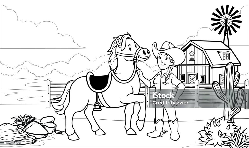black and white coloring page happy cowgirl with her horse vector of black and white coloring page happy cowgirl with her horse Cowboy stock vector
