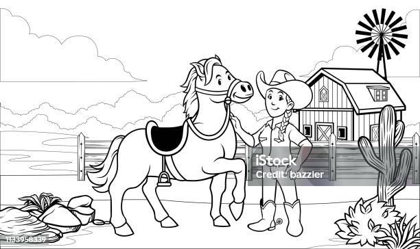 Black And White Coloring Page Happy Cowgirl With Her Horse Stock Illustration - Download Image Now