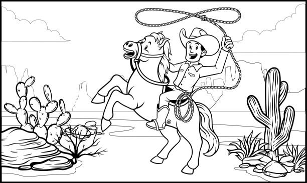 illustrazioni stock, clip art, cartoni animati e icone di tendenza di pagina da colorare in bianco e nero cowboy cavalcare il cavallo - cowboy horse lasso rodeo