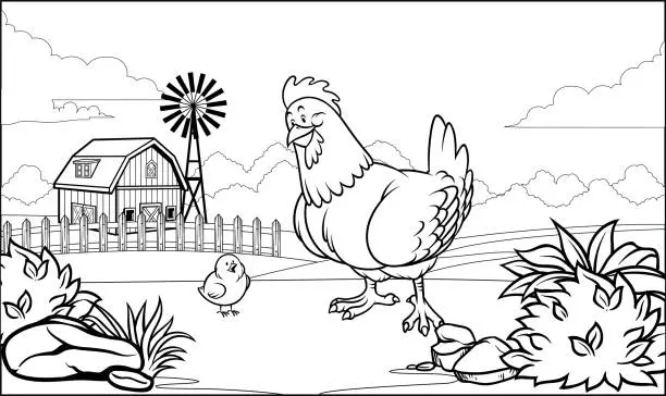 Vector illustration of black and white coloring page hen in the farm with her chick