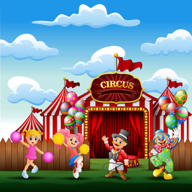 istock Cartoon trainer, clown with a cheerleaders on the circus entrance 1133959673