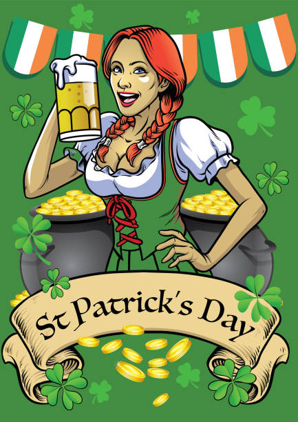 illustrations, cliparts, dessins animés et icônes de saint patrick jour affiche avec belle fille tenir la bière - beautiful glass gold traditional culture