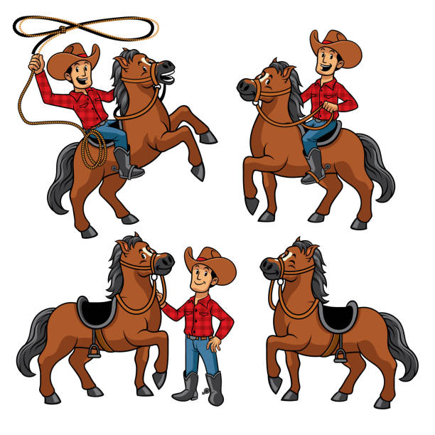 cowboy and the horse set vector of cowboy and the horse set farm cartoon animal child stock illustrations