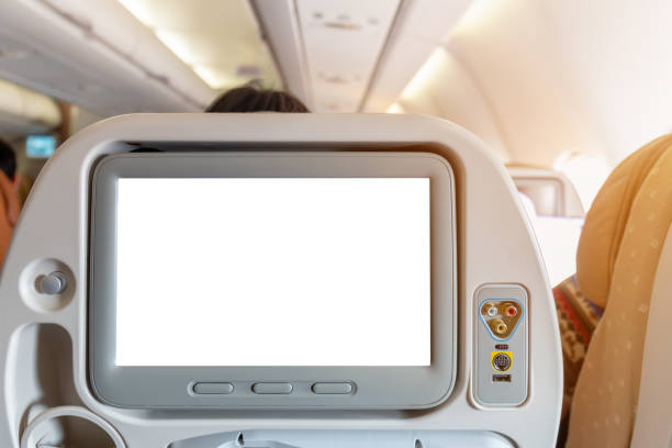 mockup of aircraft monitor on cabin in passenger seat plane interior - airplane seat imagens e fotografias de stock