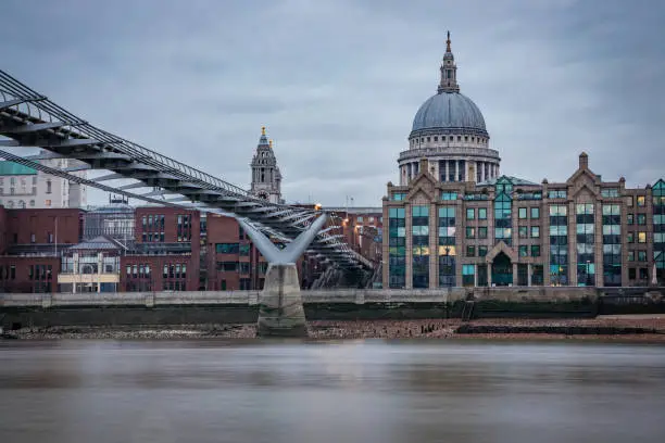Saint Paul’s cathedral as photographed from Southbank including the Millennium footbridge in the British capital - London. Long exposure image during the early morning hours on a cloudy day with typical English weather. Shot on Canon EOS R system with kit RF lens.