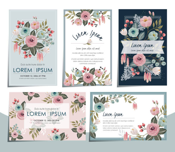 손으로 그린 카드 결혼식, 기념일, 생일 및 파티에 대 한 벡터 일러스트 레이 션 세트. - wedding invitation rose flower floral pattern stock illustrations