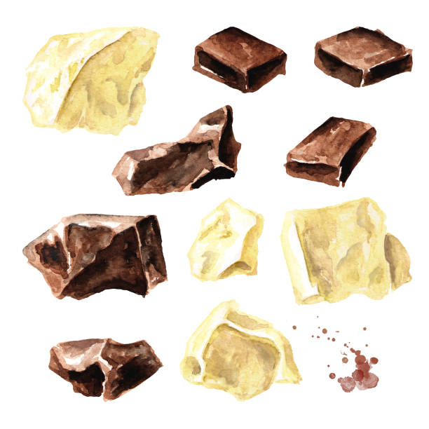 zestaw naturalnych kawałków czarnej i białej czekolady. superfood. ilustracja narysowana ręcznie akwarelą izolowana na białym tle - chocolate candy bar block cocoa stock illustrations