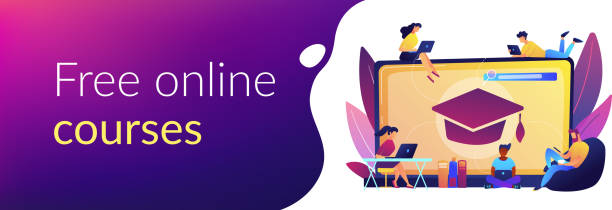 Online courses concept banner header. Students with laptops studying and huge laptop with graduation cap. Free online courses, online certificate courses, online business school concept. Header or footer banner template with copy space. pics for graduation free stock illustrations