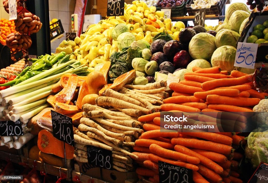 Vegetables in a Market of Budapest. Vegetables and fruits for sale in a traditional market of Budapest, Hungary. Agriculture Stock Photo