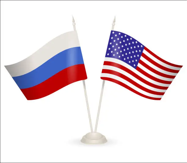 Vector illustration of Table stand with flags of Russia and USA.