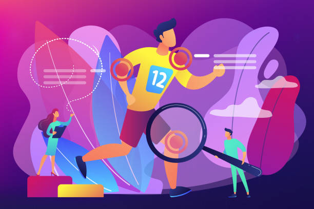 Sports medicine concept vector illustration. Athlete running and tiny people physicians treating injuries. Sports medicine, sports medical services, sports physician specialist concept. Bright vibrant violet vector isolated illustration sports medicine stock illustrations