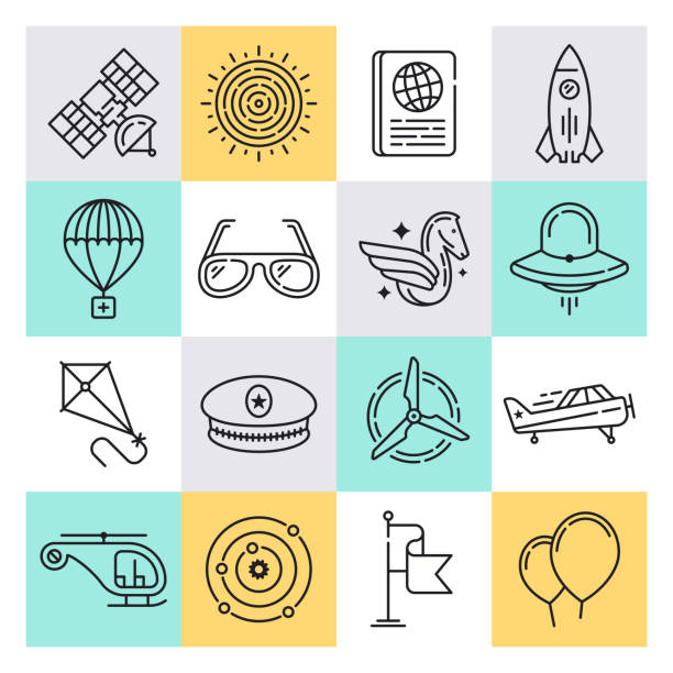 Aerospace Applications Outline Style Vector Icon Set Modern aerospace applications outline style concept with symbols. Line vector icon sets for infographics and web designs. military infographic elements stock illustrations