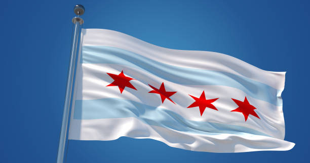 Chicago city flag in the wind, 3d illustration Fluttering silk flag of Chicago city, Illinois, United States of America. Chicago official flag in the wind against clear blue sky. 3d render springfield illinois skyline stock pictures, royalty-free photos & images