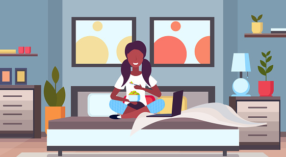 woman sitting lotus pose on bed eating breakfast african american smiling girl modern home bedroom interior female cartoon character full length flat horizontal vector illustration