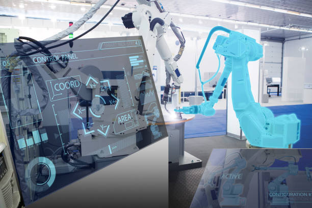 istock Futuristic transparent computer for control of robots in a smart factory 1133970220