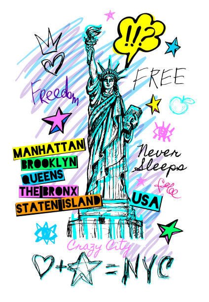 ilustraciones, imágenes clip art, dibujos animados e iconos de stock de estatua de la libertad de la ciudad de nueva york, ny. doodle dibujado a mano ilustración vectorial. - color image pen city life art
