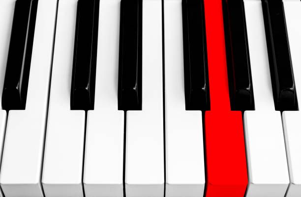1つの赤いボタンでピアノのキーの上面図。ピアノのキーのクローズアップ。正面図を閉じます。選択フォーカス付きピアノキーボード。斜めのビュー。ピアノキーボードの視点。 - piano piano key orchestra close up ストックフォトと画像