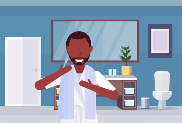 man brushing teeth wearing white bathrobe happy african american guy standing modern bathroom interior flat horizontal portrait flat man brushing teeth wearing white bathrobe happy african american guy standing modern bathroom interior flat horizontal portrait flat vector illustration black man brushing teeth stock illustrations