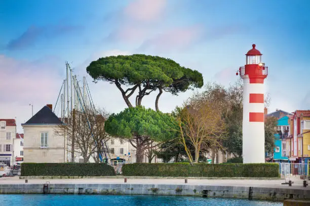 la Rochelle lighthouse and embarkment in downtown historical harbor, France