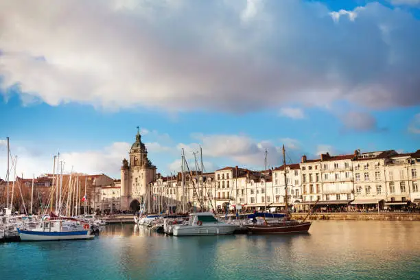 View of downtown, clocktower and marina in La Rochelle, France