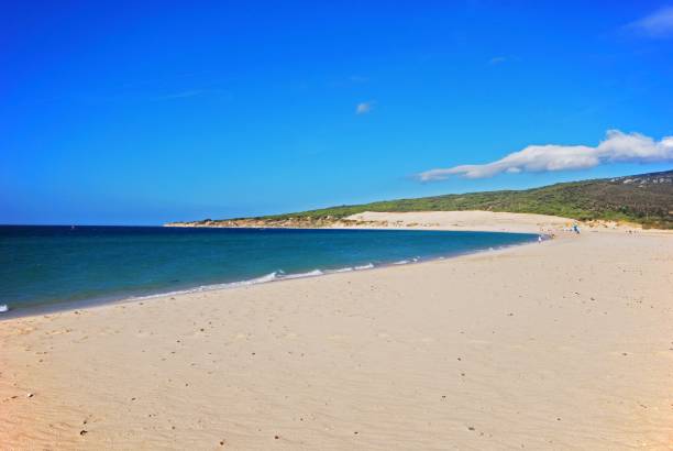 vue de la plage, tarifa, espagne. - costa de la luz photos et images de collection