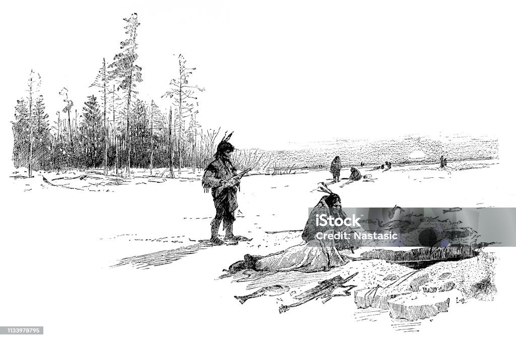 Lake Winnipeg ,Indians fishing through holes in the ice Illustration of a Lake Winnipeg ,Indians fishing through holes in the ice Ice Fishing stock illustration