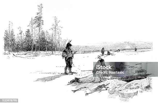 Lake Winnipeg Indians Fishing Through Holes In The Ice Stock Illustration - Download Image Now