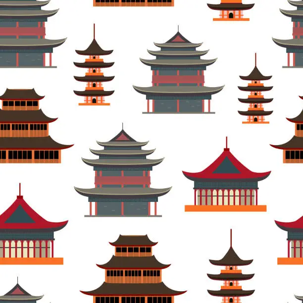 Vector illustration of Cartoon Traditional Asian House Seamless Pattern Background. Vector