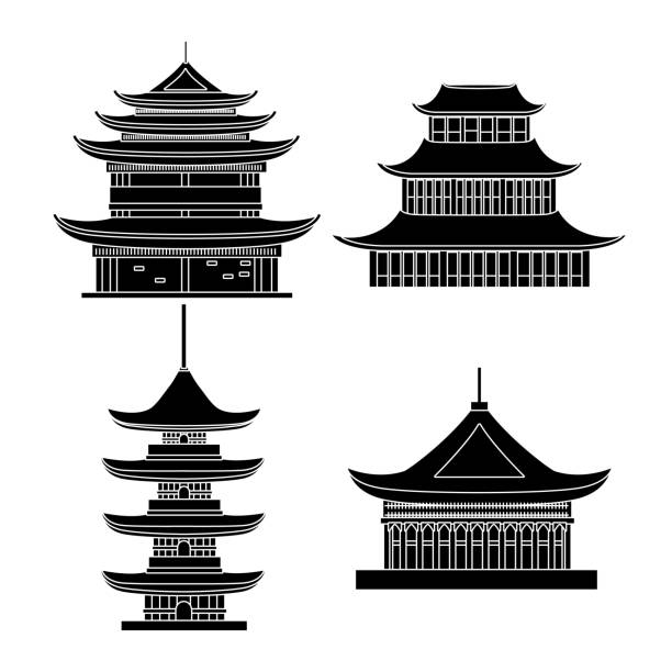 Cartoon Silhouette Black Traditional Asian House Objects Set. Vector Cartoon Silhouette Black Traditional Asian House Objects Set Pagoda Concept Element Flat Design Style. Vector illustration of Oriental Home or Temple pagoda stock illustrations