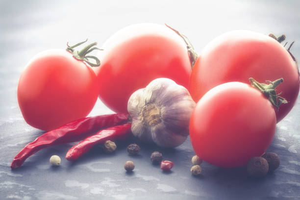Ingredients for ketchup on a textural background in vintage style. Tomatoes, chilli peppers, garlic and spices closeup. Soft focus.