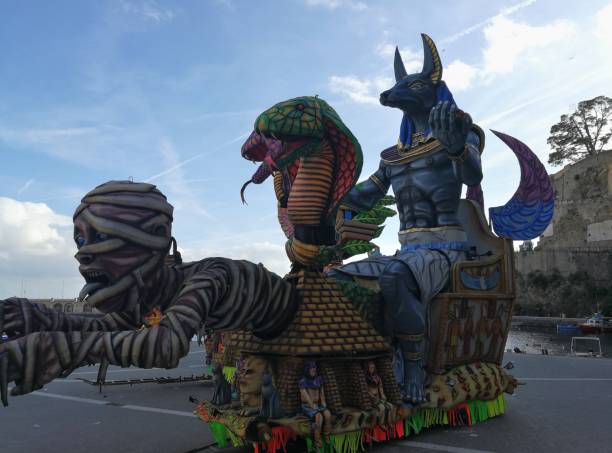 Maiori, Campania, Italy - March 4, 2019: Allegorical floats in the square of the port for the 46th edition of the Grand Carnival of Maiori