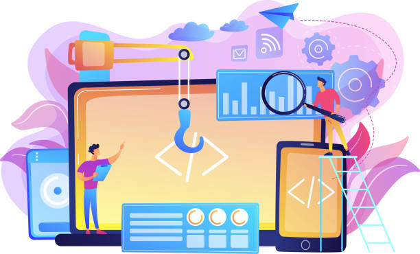 Cross-platform development concept vector illustration. Engineer and developer with laptop and tablet code. Cross-platform development, cross-platform operating systems and software environments concept. Bright vibrant violet vector isolated illustration Cross-platform Compatibility stock illustrations