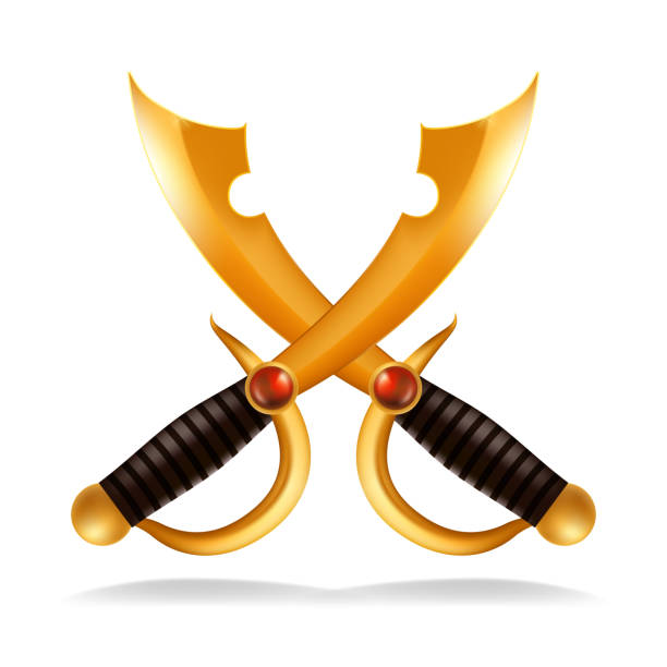 istock Gold Crossed Sword Saber Vector. Golden Shiny Weapon. Power Safety Protect Symbol. Isolated Realistic Illustration 1133990545
