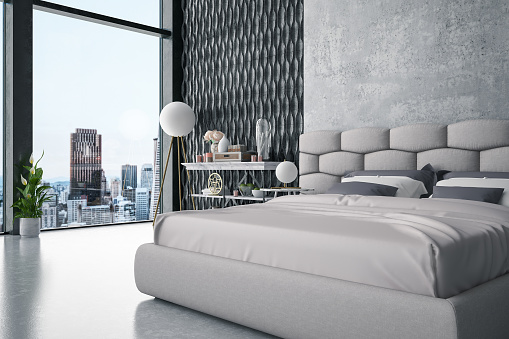 Modern bedroom with cityscape