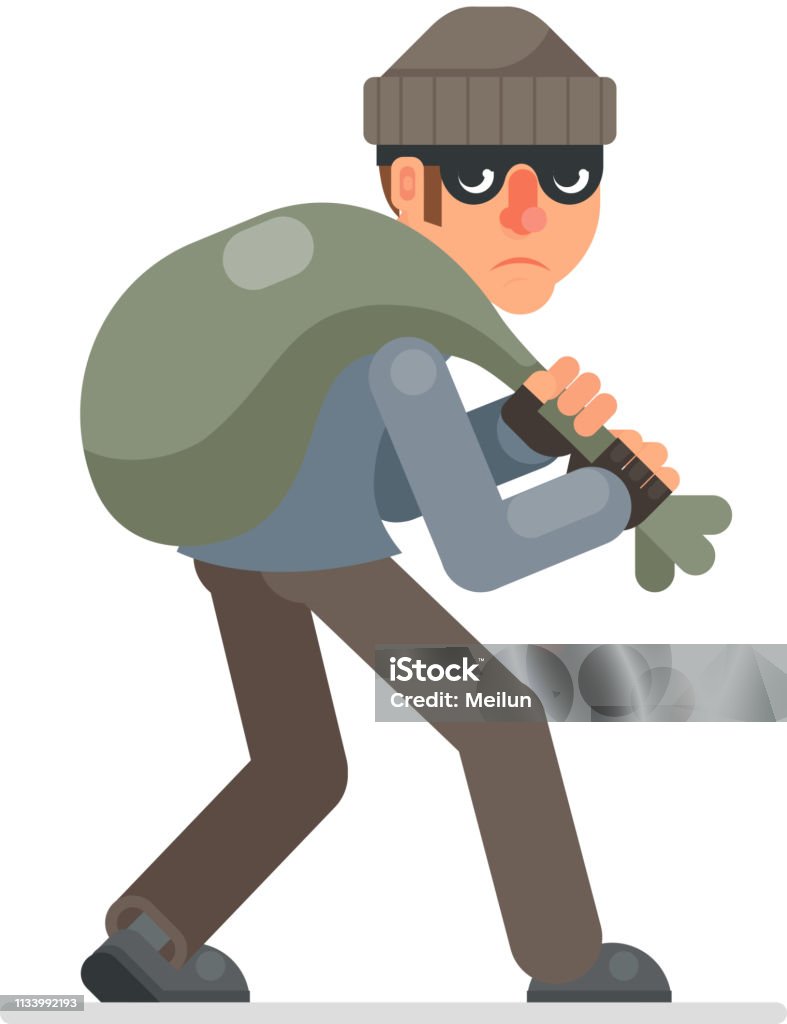 Housebreaker with bag of loot sneak away evil greedily thief cartoon rogue bulgar character flat design isolated vector illustration Housebreaker with bag of loot sneak away evil greedily thief cartoon rogue bulgar character design flat isolated vector illustration Bandit stock vector