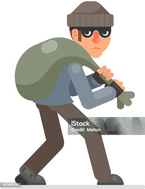 Housebreaker With Bag Of Loot Sneak Away Evil Greedily Thief Cartoon Rogue Bulgar Character Flat Design Isolated Vector Illustration Stock Illustration - Download Image Now