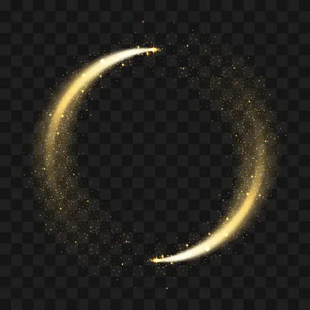 Vector illustration of Gold sparkling glitter circle. Vector circle of golden glittering particles with star light trail and shine glow on transparent background